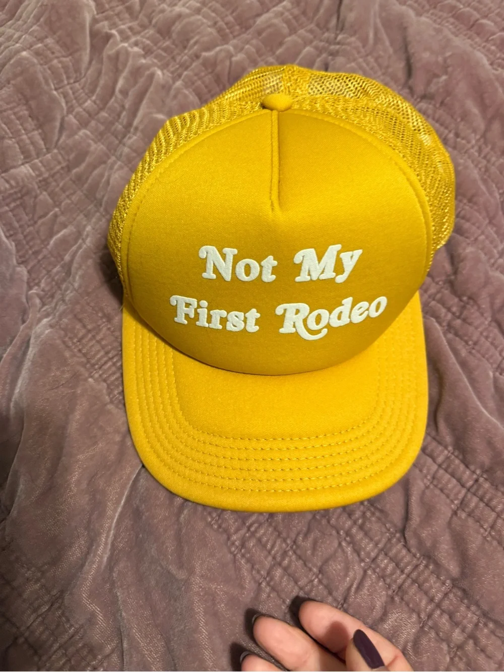 Source Unknown Yellow 'Not My First Rodeo' Trucker Hat